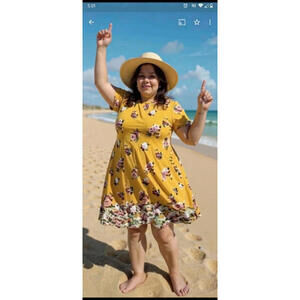 J for Justify Mustard Yellow Floral T Shirt Dress Soft Material Size XL Cottage